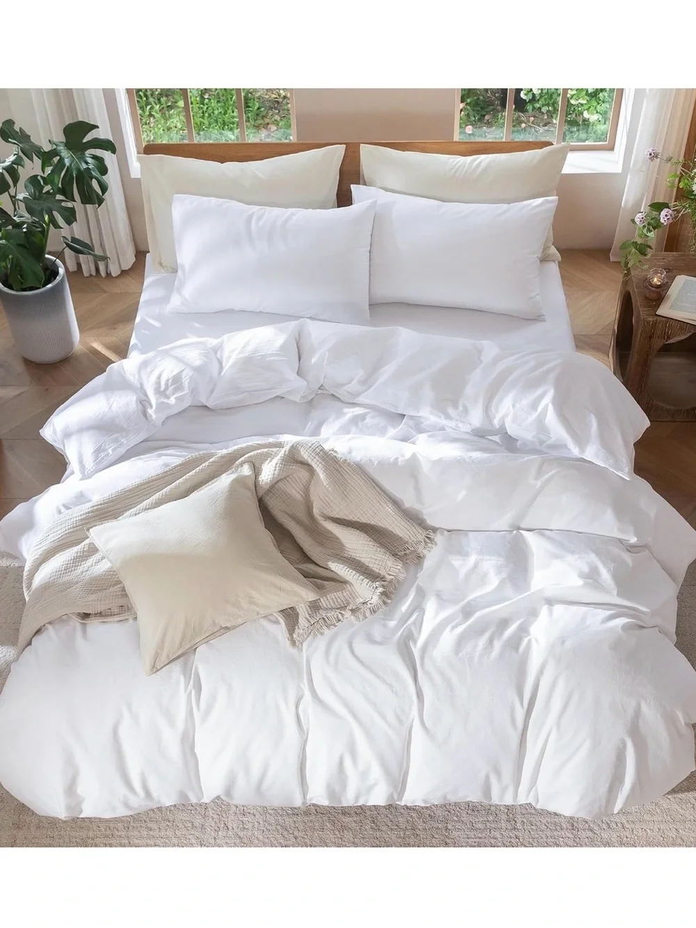 Oversized Full, White Washed Cotton Duvet Cover Set - Soft Breathable Bedding
